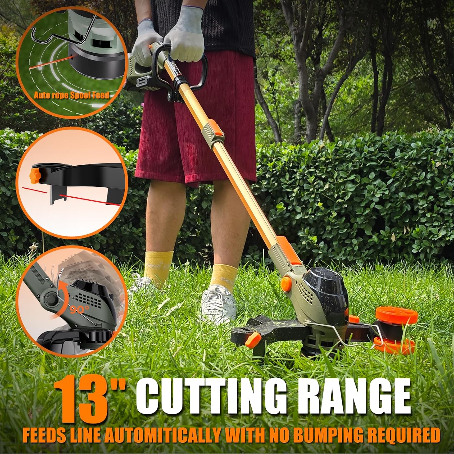 13-Inch String Trimmer Cordless,(2 x 21V 5.0Ah Batteries & Charger), Trimmer/Edger/Lawn Mower/Brush Cutter 4-in-1, Electric Weed Wacker with Auto Rope Spool Feed, 3 Cutting Methods